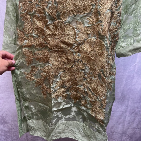 Agha Noor Kurta Tunic Womens S Embroidered Gold Lime Green Gauzy Pakistani - Picture 5 of 14